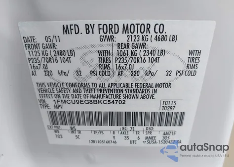 2011 Ford Escape Limited from USA, damaged, VIN 1FMCU9EG8BKC54702